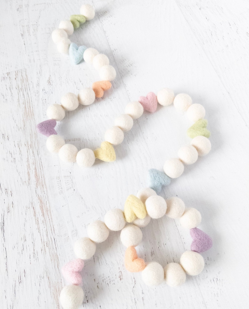 SWEETHEARTS Felt Ball Garland - Valentine’s Day, Valentine Garland, Heart Garland, Holiday Garland, Felt Heart, Candy Hearts, Pastel