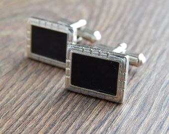 VINTAGE STYLE SILVER CUFFLINKS 6 LARGE SQUARE BLACK CHUNKY STONE 