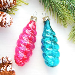 Set Of 2 Christmas Icicle Pink Blue Glass Ornament Vintage Decoration Xmas Gift Mercury Glass Shiny Colors Abstract Icicle Tree Decoration