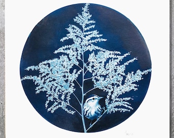 NEW, Watercolor on cyanotype, Warbler in the foliage, OOAK gift, White & indigo blue bird, Bird wall art, Paper weddings, Original art