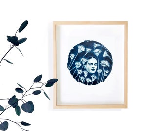 NEW, OOAK artwork, Frida among flowers, Original Watercolor on cyanotype,  Frida Khalo gift, Indigo blue, Paper weddings gift, original gift