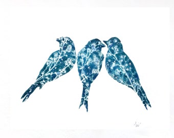 NEW, Triad of Swallows, Original Watercolor on cyanotype, Gift for bird lover, Indigo blue bird, original gift, Paper wedding, Bird wall art