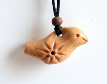 Bird Whistle, ceramic pendant - Beige Bird necklace - Ceramic necklace, bird pendant - Traditional folk toy