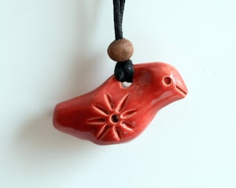 Bird Whistle, ceramic pendant - Red Bird necklace - Ceramic necklace, bird pendant - Traditional folk toy
