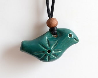 Whistle, ceramic pendant - Green Bird necklace - Ceramic necklace, bird pendant - Traditional folk toy