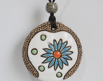 Blue flower necklace - Ocarina 4 holes. Ceramic pendant. Ocarina pendant, can be worn as jewelry or play, to have fun.