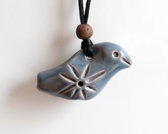 Bird Whistle, ceramic pendant - Gray Bird necklace - Ceramic necklace, bird pendant - Traditional folk toy