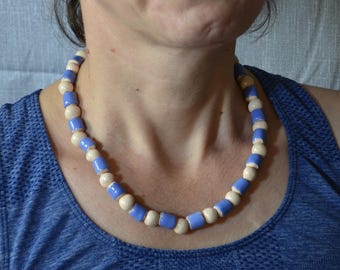 Handmade Beige-Blue necklace, Ceramic Bead Necklace