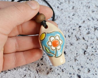 Daisy Ceramic Whistle Necklace: Handmade Folk Toy Pendant
