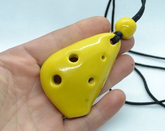 Ceramic Yellow necklace - 4 hole Ocarina pendant - Musical instrument - Yellow Ocarina Pendant.