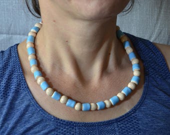 Handmade Beige-Blue necklace, Ceramic Bead Necklace