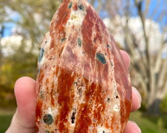Orange Calcite w/ Blue Apatite Freeform - Perfect Tip, Stands Flat & Level, Rare Combo, Brazil