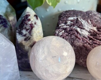Girasol Rose Quartz Sphere - 54mm, Rainbows, Chatoyancy, Stand Included, Brazil
