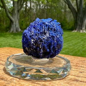 May include: A vibrant blue azurite mineral specimen, showcasing a textured, crystalline structure. The mineral sits atop a clear, faceted crystal display stand, reflecting light. The background features a blurred green lawn and trees.