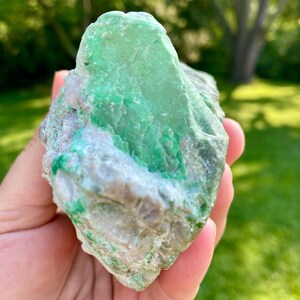 May include: A large, rough, green and gray gemstone with a natural, irregular shape. The stone has a smooth, polished surface and is held in a hand.