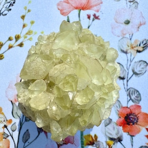 May include: A cluster of pale yellow crystals, possibly a mineral specimen, with a rough, textured surface. The crystals are clustered together, creating a rounded shape. The background is a light blue fabric with floral patterns in shades of pink, orange, and white.