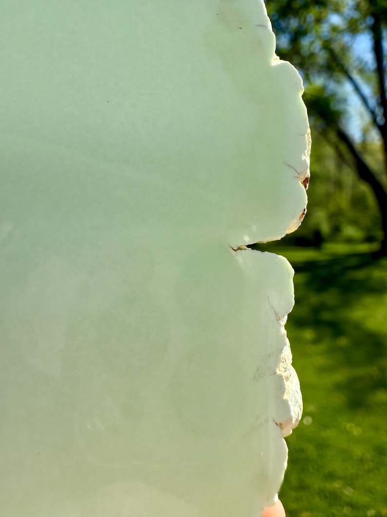 May include: A close-up of a light green, irregularly shaped, natural stone with a rough, textured edge.