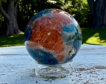 Orange Calcite w/ Blue Apatite Sphere - 47mm, Stand Included, Brazil
