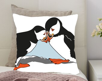 Nuzzling Puffins Cushion | Puffin Cushion | Coastal Cushion | Faux Suede, Fibre Filled, 18" cushion | Bird Cushion | Seaside Cushion | Gift