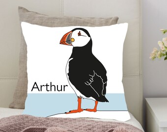 Puffin Cushion | Coastal Cushion | Faux Suede, Fibre Filled, 18" cushion | Bird Cushion | Seaside Cushion | Gift - can be personalised