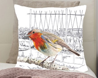 Robin Cushion | Robin watercolour | Countryside cushion | Wildlife cushions | Birthday Cushion |  Robin Gift | Garden Bird  Gift | Robin art