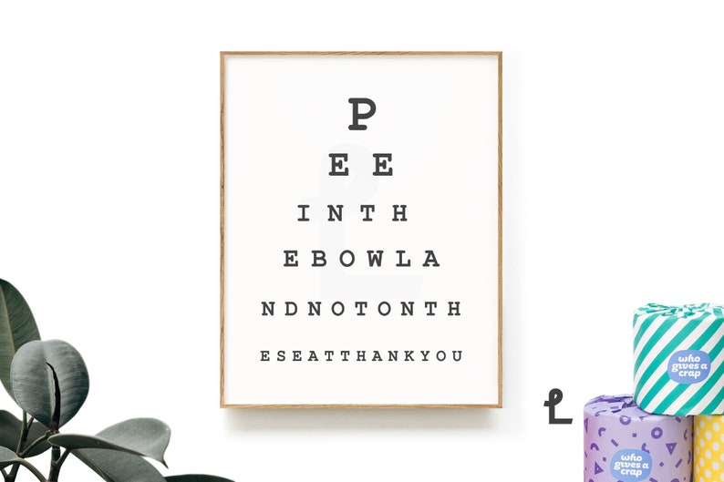 May include: A framed print with a humorous eye chart that reads "P EE INTH EBOWLA NDNO&Tau;&Omicron;&Nu;&Tau;&Eta; ESEATTHANKYOU".