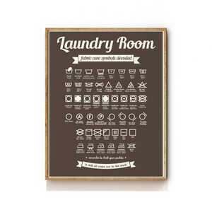 May include: A brown framed poster with the text "Laundry Room" in white lettering. The poster features a chart of laundry care symbols with their meanings, including washing, drying, ironing, and bleaching instructions. The poster also includes the text "fabric care symbols decoded" and "It will all come out in the wash."