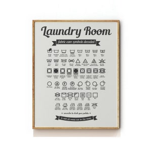 May include: A black and white laundry care symbols chart with a brown frame. The chart includes symbols for washing, drying, ironing, and dry cleaning. The text "Laundry Room" is at the top of the chart, and the text "fabric care symbols decoded" is below it. The text "It will all come out in the wash" is at the bottom of the chart.