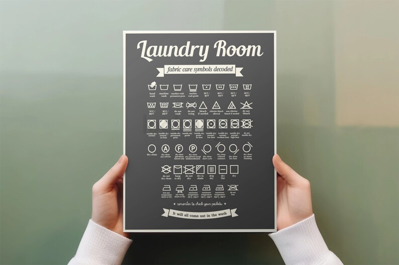 May include: A black and white poster with the text "Laundry Room" and "fabric care symbols decoded!"  The poster features a variety of laundry care symbols, including those for washing, drying, ironing, and bleaching.  It also includes a small banner at the bottom that says "It will all come out in the wash."