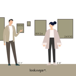 May include: A man and a woman stand in front of a wall with five different sized rectangular frames. The frames are all a light brown color. The man is 6'1" tall and the woman is 5'8" tall. The frames are labeled with their dimensions in inches. The text "looksugar*" is at the bottom of the image.