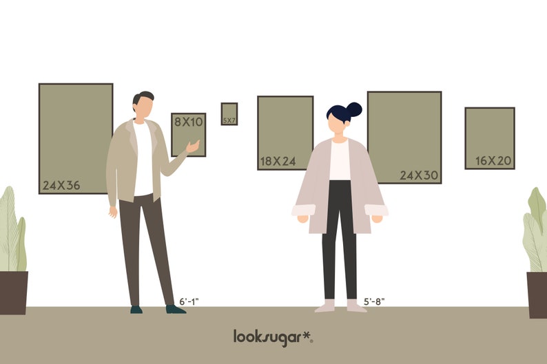 May include: A man and a woman stand in front of a wall with five different sized rectangular frames. The frames are all a light brown color. The man is 6'1" tall and the woman is 5'8" tall. The frames are labeled with their dimensions in inches. The text "looksugar*" is at the bottom of the image.
