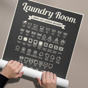 May include: A black and white poster with the text "Laundry Room" and "Fabric Care Symbols Decoded". The poster features a variety of laundry symbols and their meanings, including hand wash, machine wash, tumble dry, dry clean, and iron.