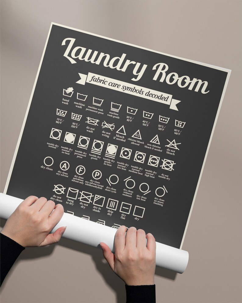 May include: A black and white poster with the text "Laundry Room" and "Fabric Care Symbols Decoded". The poster features a variety of laundry symbols and their meanings, including hand wash, machine wash, tumble dry, dry clean, and iron.
