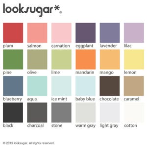May include: A color chart with 18 different color swatches. The colors are labeled with names like plum, salmon, carnation, eggplant, lavender, lilac, pine, olive, lime, mandarin, mango, lemon, blueberry, aqua, ice mint, baby blue, chocolate, caramel, black, charcoal, stone, warm gray, light gray, and cotton.