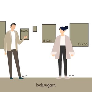 May include: A comparison of different sized picture frames, with two people standing next to them. The frames are all brown and have white text indicating their dimensions in inches. The text "looksugar*" is at the bottom of the image.