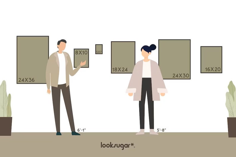 May include: A comparison of different sized picture frames, with two people standing next to them. The frames are all brown and have white text indicating their dimensions in inches. The text "looksugar*" is at the bottom of the image.