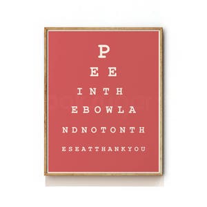 May include: A red framed eye chart with the words "P E E I N T H E B O W L A N D N O T O N T H E S E A T T H A N K Y O U" printed in white.