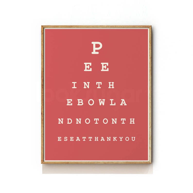 May include: A red framed eye chart with the words "P E E I N T H E B O W L A N D N O T O N T H E S E A T T H A N K Y O U" printed in white.