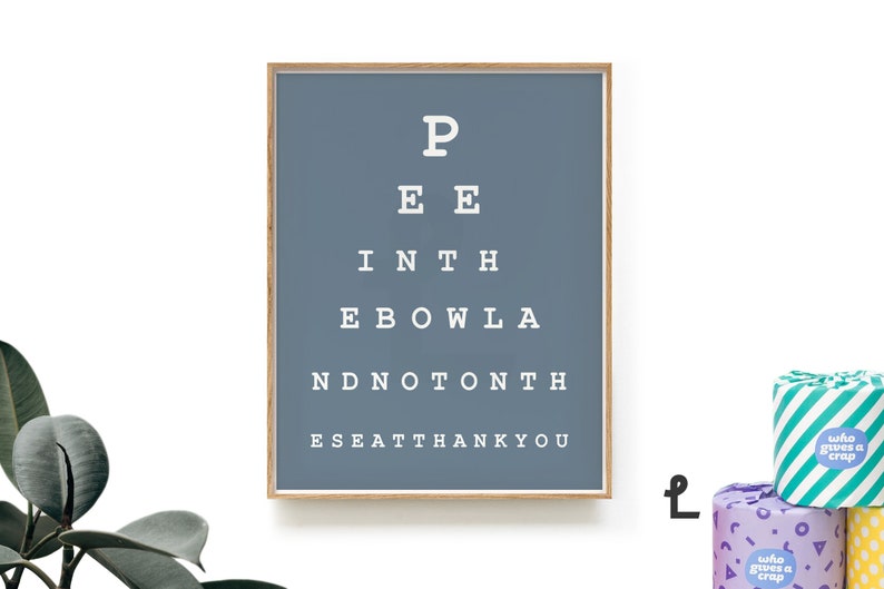 May include: A blue framed print with a humorous eye chart that reads "P EE INTH EBOWLA NDNO&Tau;&Omicron;&Nu;&Tau;&Eta; ESEATTHANKYOU".