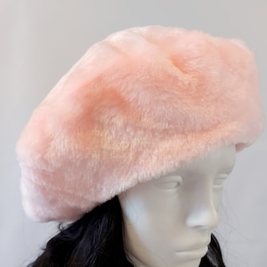 Winter pink fur beret with fleece lining fur hat, soft  faux fur hat, warm hat