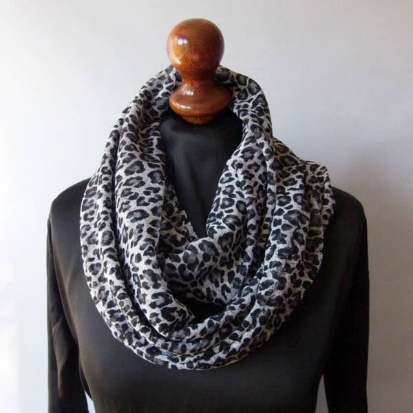 Chunky Soft gray leopard print fleece scarf, long Round scarf, Round Scarf