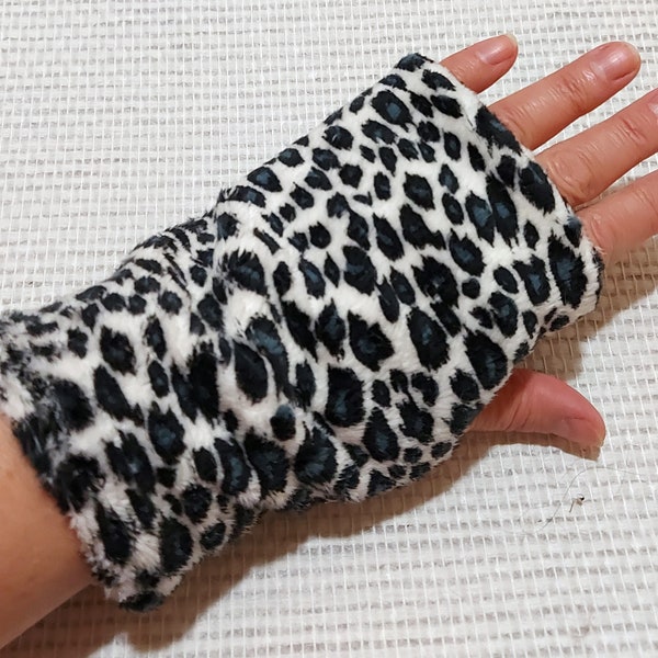 Leopard print fleece reversible fingerless gloves, hand warmers, fleece cuffs, wrist mitts