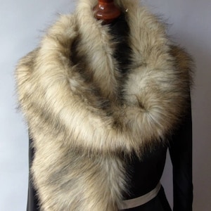 Chunky Soft Fur Scarf, long Scarf, beige - gray color fur and black satin  lining