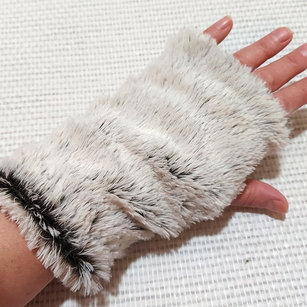 Gray - brown faux fur reversible fingerless gloves, hand warmers, faux fur cuffs, wrist mitts