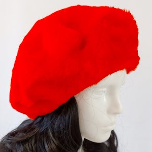 Winter red fur beret with fleece lining fur hat, soft  faux fur hat, warm hat