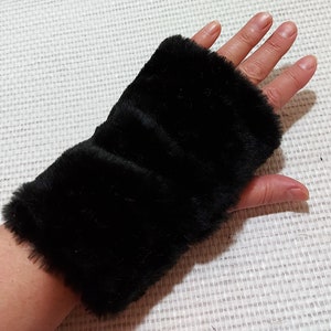 Black faux fur reversible fingerless gloves, hand warmers, faux fur cuffs, wrist mitts