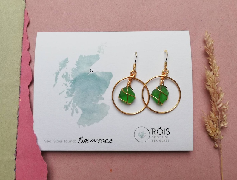 CHOOSE LOCATION // Bright Green Gold Hoop Earrings / Rois Scottish Sea Glass image 3