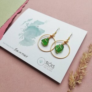 CHOOSE LOCATION // Bright Green Gold Hoop Earrings / Rois Scottish Sea Glass image 2