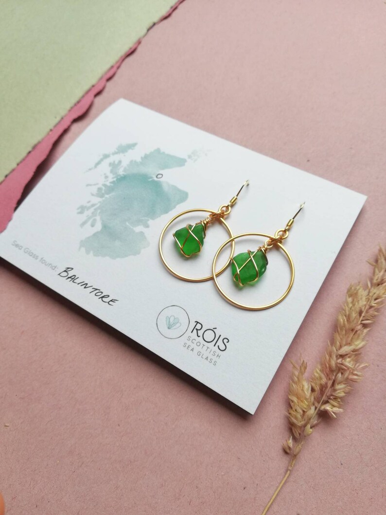 CHOOSE LOCATION // Bright Green Gold Hoop Earrings / Rois Scottish Sea Glass image 2