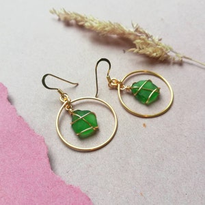 CHOOSE LOCATION // Bright Green Gold Hoop Earrings / Rois Scottish Sea Glass image 1